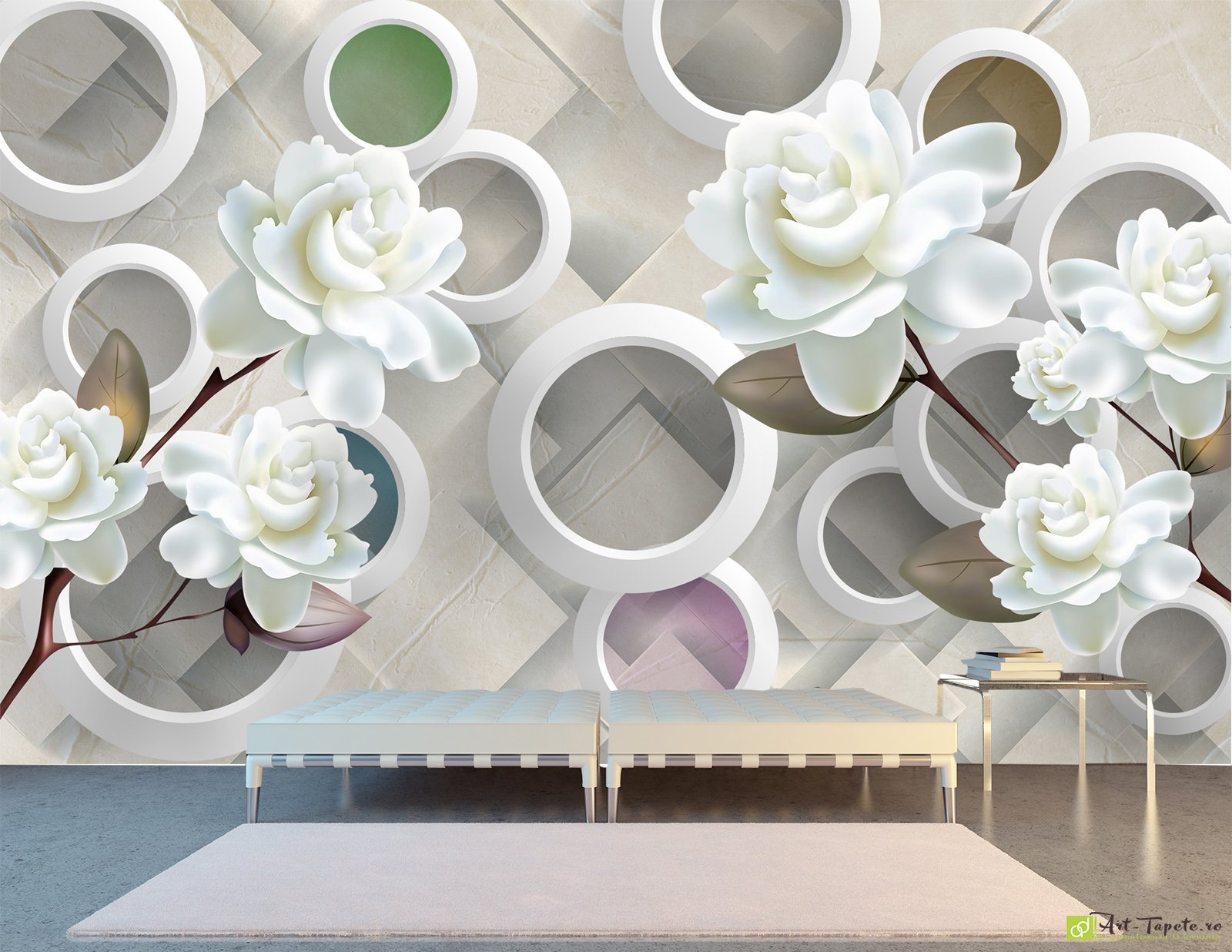 Photo Wallpaper 3D Effect - Circles, white flowers  3D  Effect The best selection of wall murals and photo murals Buy Online
