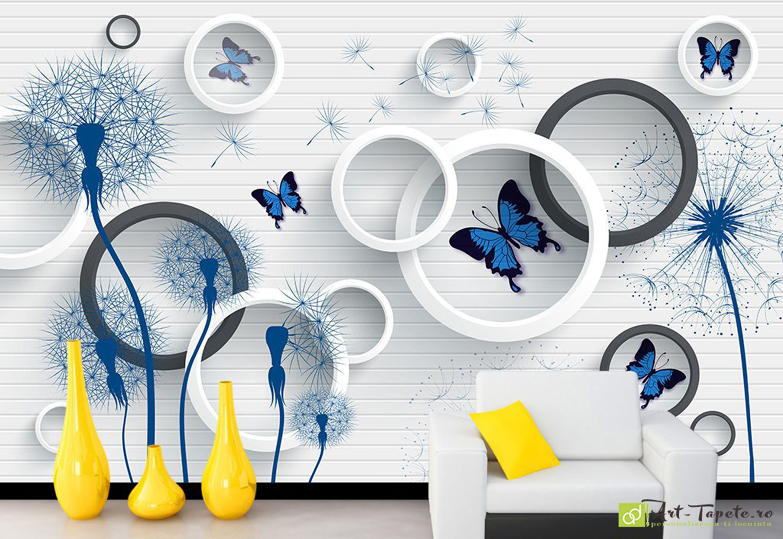 Photo Wallpaper 3D Effect - Circles with dandelions   Eco-friendly 3D wall-paper on a wall for ordering online