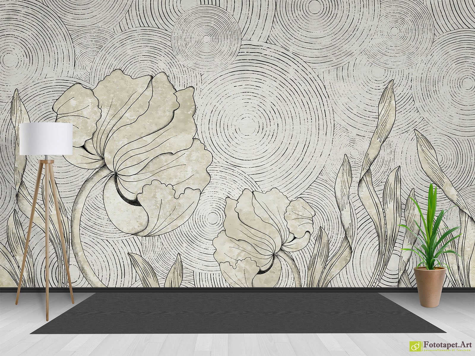 Retro Wallpaper & Vintage Wall Murals - Flowers and circles in gray tones |   Retro wallpaper, Digital Wallpaper mural, 3D Effect Wallpaper  for children's Buy Online